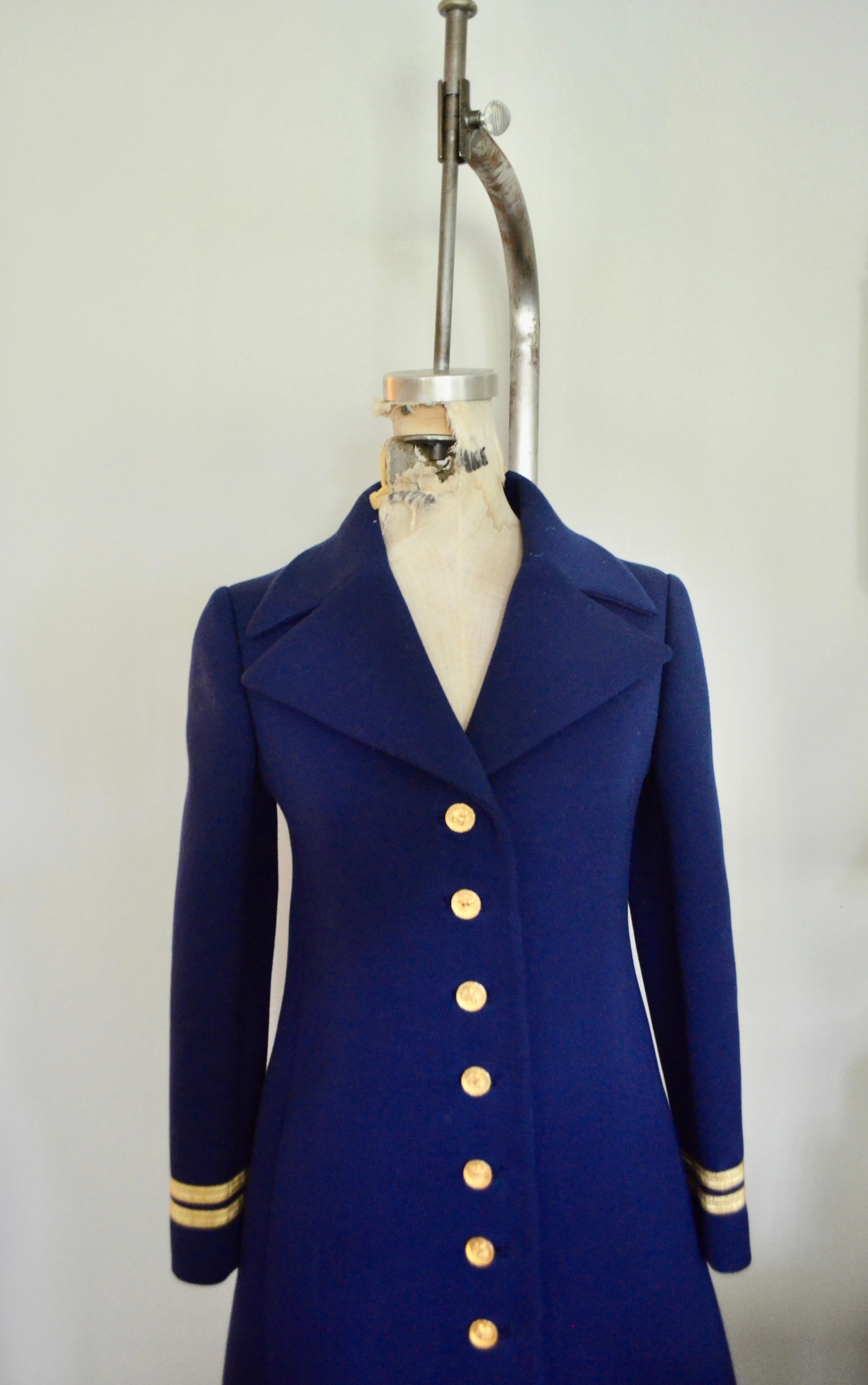 Vintage T Jones military blue navy pea coat with gold trim and crown buttons long jacket