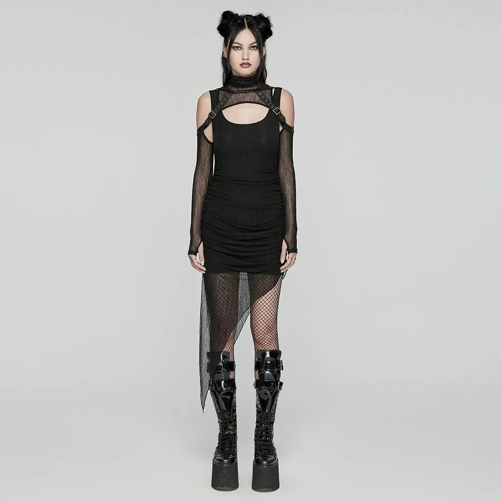 Women's Punk Irregular Ruched Black Party Dress with Hooded Cape